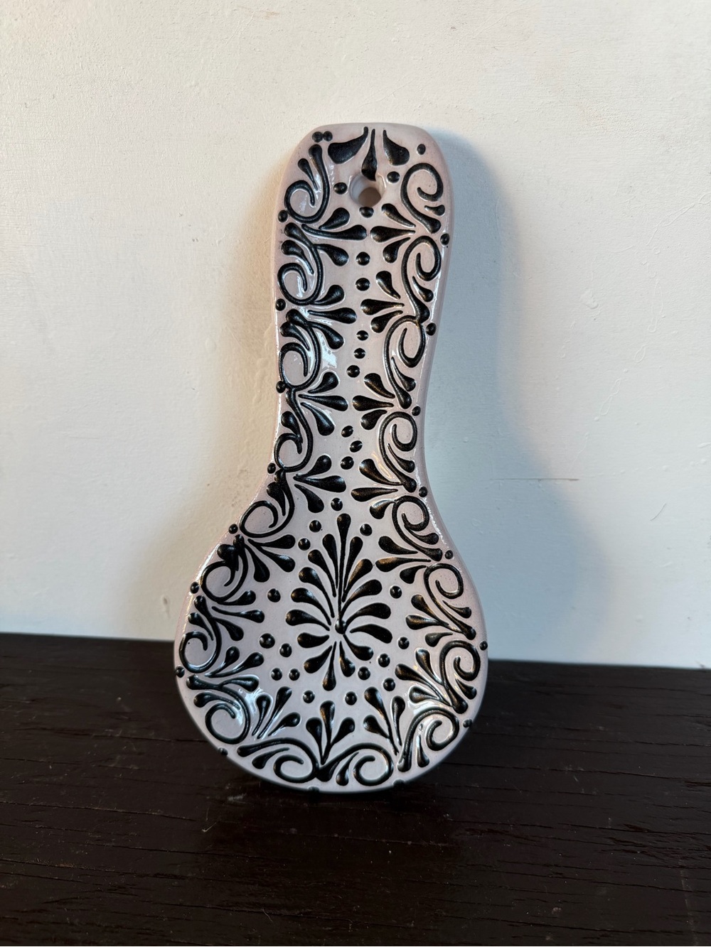 Decorative Talavera Spoon Rest in White and Black